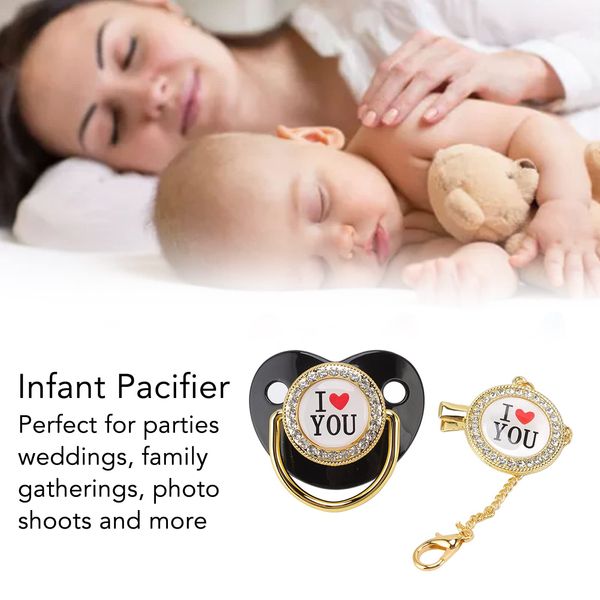 Baby Pacifier Bling I Love You Pattern Infant Dummy Pacifier with Chain Clip for Newborn(Black) Milk powder feeding