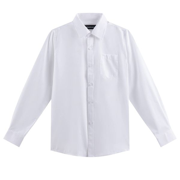 AOLIWEN Boys Long Sleeve White Button Down Shirt - Collared Uniform Boys White Dress Shirt Button Up Shirt Boys (White 13-14T)