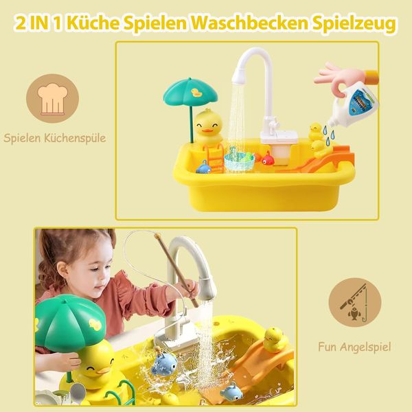 Play Sink with Running Water, Kitchen Toys with Play Food, Floating Pool Fishing Toys for Water Play, Kids Role Play Dishwasher Toy for Boys and Girls(Yellow)