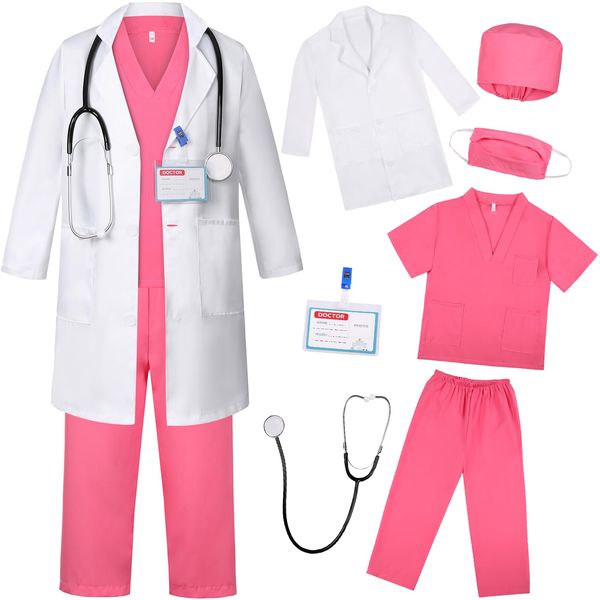 Gorkonpy Doctor Costume for Kids Boys Girls Toddler Doctor Costume with Lab Coat Halloween Party Dress Up (Pink, 6-7 Years)