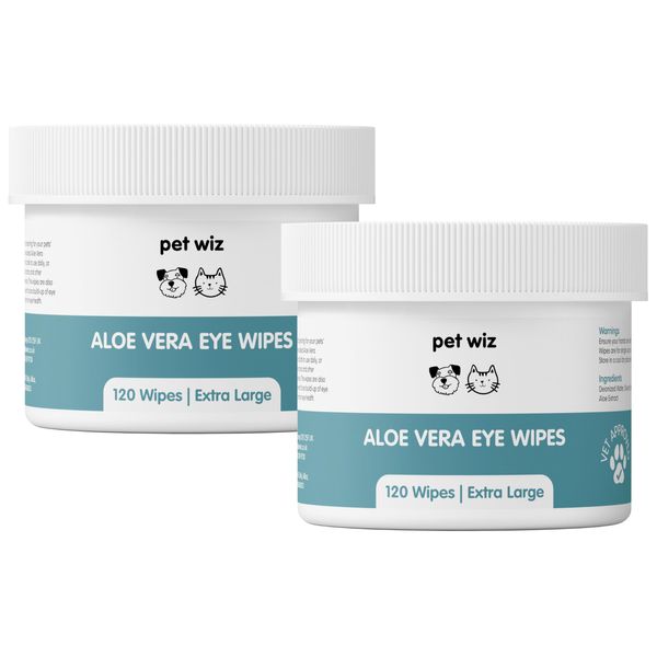 pet wiz Augenpflegetücher für Haustiere | Tierarzt-geprüft | 120 extra große natürliche Tücher | sanft und beruhigend, 2er Pack (insgesamt 240 Tücher)