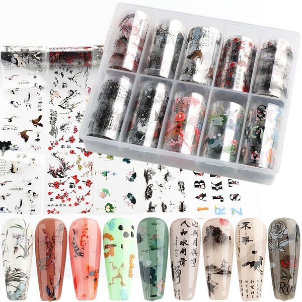 XEAOHESY 10 Rolls Traditional Chinese Style Nail Foil Transfer Stickers Ink Painting Chinese Characters Pattern Nail Foil Sheets Transfer Foils Stickers Classical Nail Art Decorations Nail Supplies