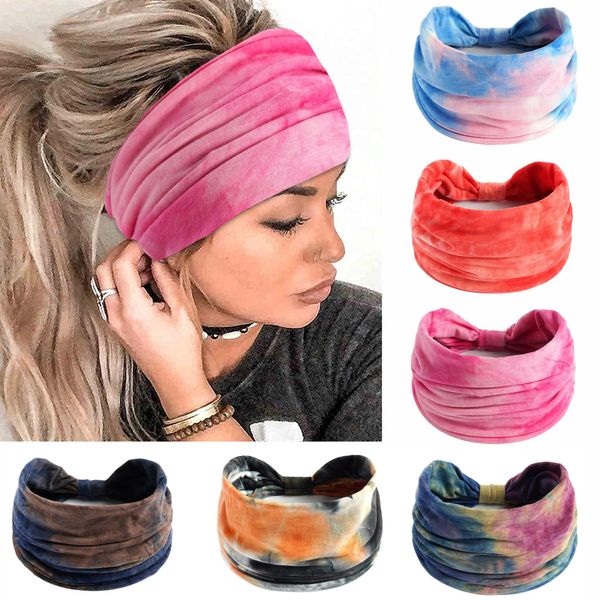 FULZTEY Boho Headbands for Women Fashion Tie Dye Head Bands Pink Wide Headwrap Elastic Yoga Workout Sweat Hairbands Knotted Thick Cloth Turban Large African Bandanas for Hair Accessories 6Pcs