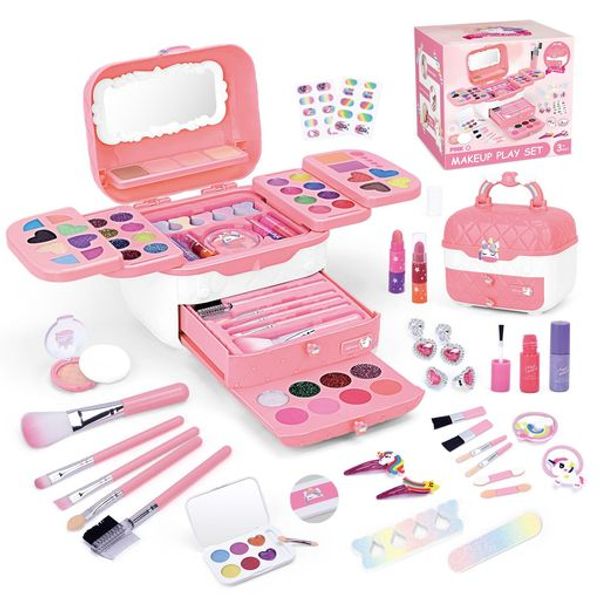 BOBBLYFUN 72-piece Kids Violet Girls Makeup Set Unicorn Gift Birthday Present 3 4 5 6 7 8 9 10 Years Old Pretend Play Set Kids Cosmetics Girls Makeup Set Washable Eyeshadow Nail Polish Lipstick 