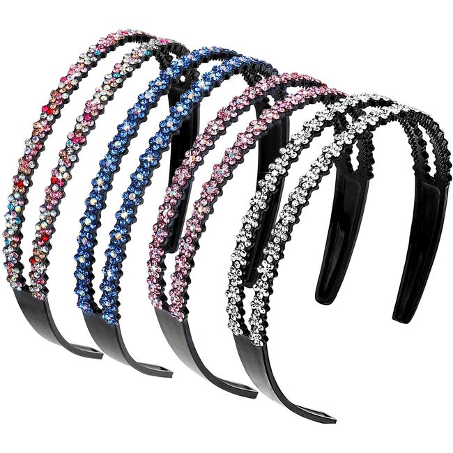 Rhinestone Headbands Double Row Non-slip Hard Hair Hoop Fashion Crystal Teeth Hairband Shiny Hair Bands for Women Girls Lady 4 Pieces (Mixed Colors)