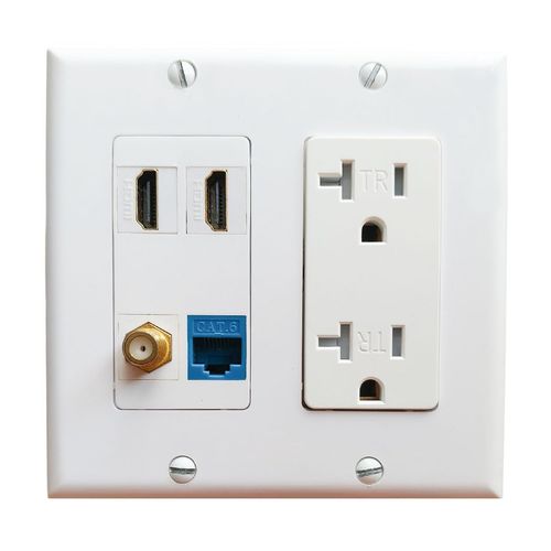 BOPLAT 20Amp Power Outlet and Ethernet Coax HDMI Wall Plate - Electrical Outlet with 2 Port HDMI, 1 CAT6 Ethernet Port, 1 Coax Cable TV Cover Plate