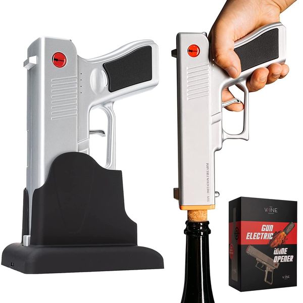 Electric Gun Wine Corkscrew Bottle Opener-Rechargeable Holster Base Cordless Battery-Automatically Open Wines Multifunctional Electronic Cork Puller - Gift & Vino (Silver) Gifts for Dad