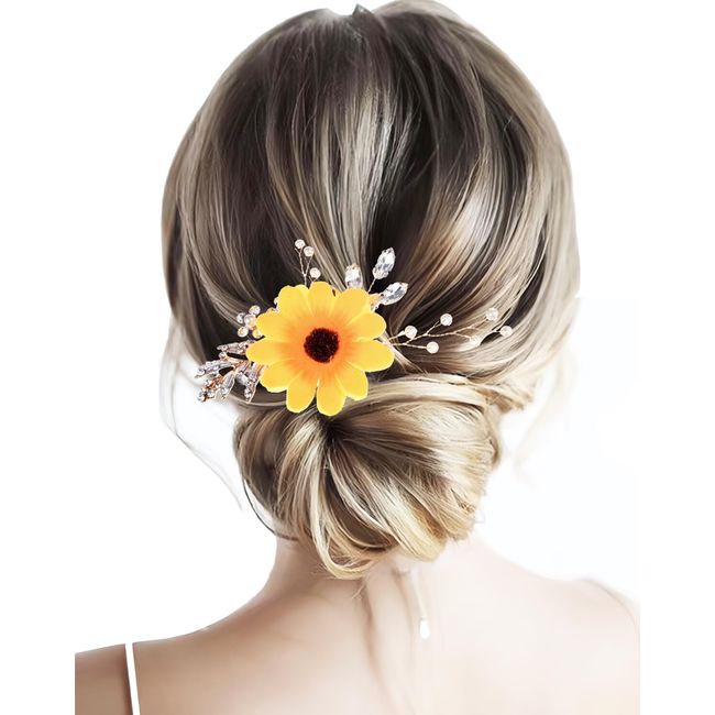 June Bloomy Bride Wedding Sunflower Hair Comb Pearl Flower Hair Piece Rhinestone Hair Accessories (Golden Sunflower)