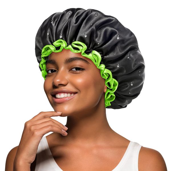 mikimini Black Shower Cap for Women and Men, Reusable Waterproof Shower Hats for Thick Curly Hair, Black Bath Caps with Green Edge Medium