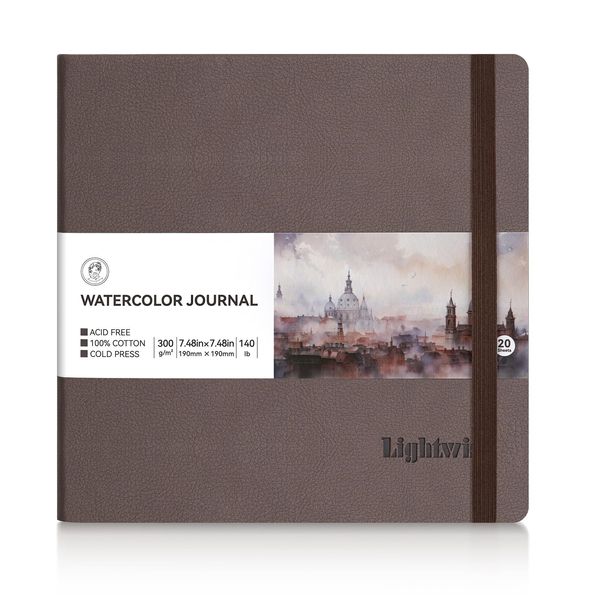 Lightwish Square Watercolor Journal, 100% Cotton Cold Press Watercolor Paper Sketchbook 7.48”x 7.48”, 20 Sheets (140lb/300gsm), Acid-Free for Watercolors, Gouache, Acrylics