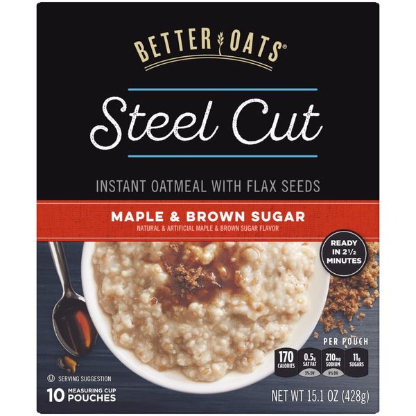 Better Oats Maple and Brown Sugar Steel Cut Oatmeal Packets, Instant Oatmeal Packets with Steel Cut Oats and Flax Seeds, Ready in 2.5 Minutes, Maple Brown Sugar Flavor, Pack of 10, 15.1 OZ Pack