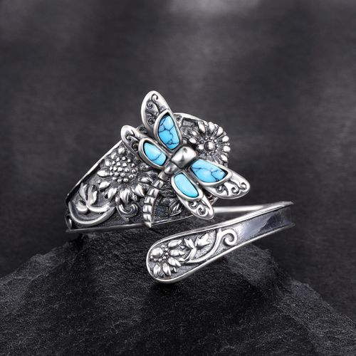 EJALEN Sterling-Silver Turquoise Dragonfly Spoon Ring - Vintage Boho Thumb Rings Oxidized Wrap Ring Victorian Style Antique Floral Jewelry Gifts for Women Girls (6#7#8#)