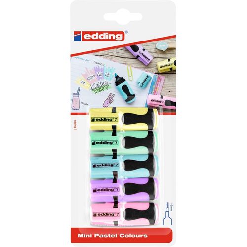 edding 7 Mini Highlighters - Pastel Colours - 5 Highlighter Pens - Chisel Tip 1-3 mm - Small Highlighter in Trendy Colours - for Bullet Journal, School, University or Office