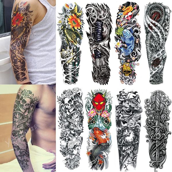 Yesallwas Tattoo Stickers, Large, Features, Shoulder to Wrist, Set of 8, Carp, Lotus Flower, Japanese Pattern, Tattoo Stickers, Realistic, Large, Waterproof, Long Lasting, Japanese Carving, Tattoo Stickers, Body Stickers, Men's, Full Arm, 6.7 x 18.9 inche