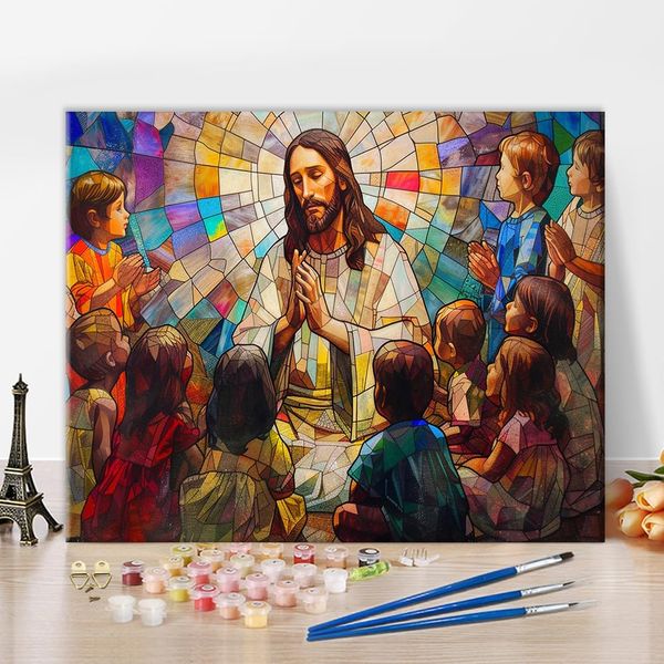 TISHIRON Paint by Numbers for Adults, Children, Stained Glass Style Jesus surrounded by Children Oil Painting DIY Digital Art Artwork 16x20 Inch (without Frame)