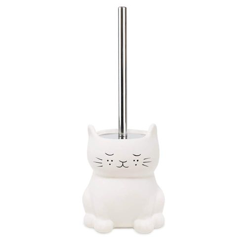 Isaac Jacobs White Ceramic Cat Toilet Bowl Brush Holder with Chrome Metal Handle (Unassembled) - Bathroom Accessory & Cleaning Storage (Cat)