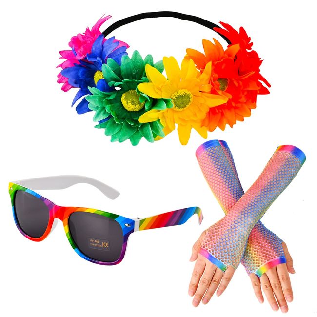 Fvomye Flower Crown Headband with Rainbow Fishnet Gloves Rainbow Sunglasses LGBT Gay Pride Fancy Dress Accessories, One Size