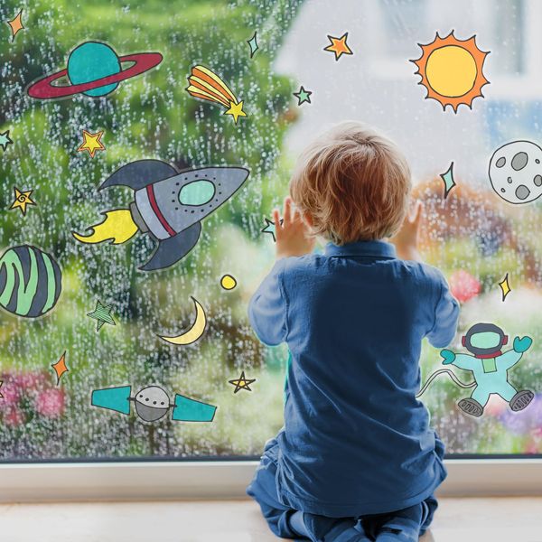 Hand Drawn Space Window Stickers for Creating a Space Themed Room