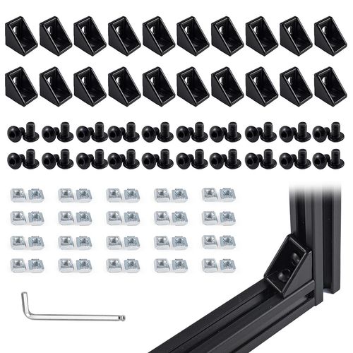 20 Sets Black 2020 Corner Bracket Kit for 2020 & 2040 Aluminum Extrusion Rail - Brackets, M5 Sliding T-Nuts & Hex Screws, Ball-End Hex Wrench – for 20 Series 6mm T Slot Extruded Aluminum Hardware