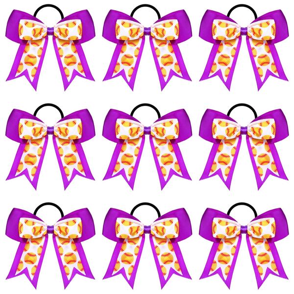 MTLEE 9 Pcs 7.5 Inch Purple Softball Ribbon Hair Bows Cheer Hair Bows Elastic Scrunchies Hair Bands Cheerleader Bows Volleyball Sports Ball Ponytail Holder Sport Hair Accessories for Girl Player