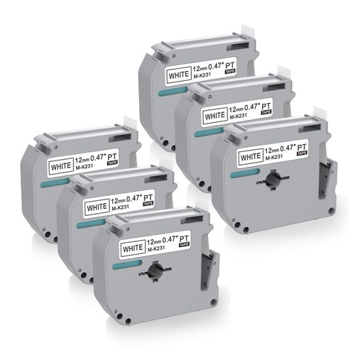 6 x Label Maker Tape Replacement for Brother P Touch M Tape M-K231 M-K231s MK231 MK-231 M231 12mm 0.47 White, Compatible with Brother P Touch PT-M95,PT-90,PT-70,PT-65,PT-85 Label Maker Refills,26.2 Ft