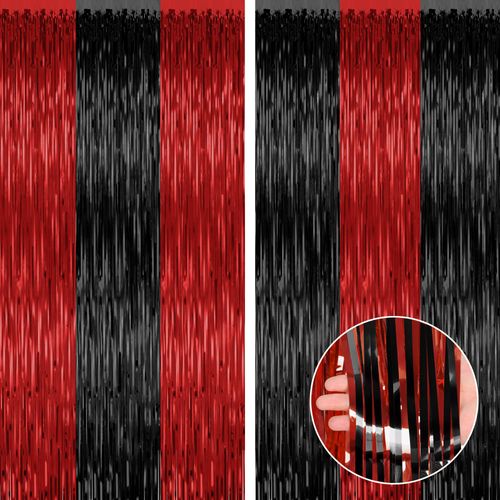 2 Pack Backdrop Curtains, 3.28 FT x 7.05 FT Red Black Halloween Backdrop, Metallic Party Streamer Tinsel Backdrop Fringe Curtains, Foil Curtains Backdrop Halloween Decorations Party Supplies