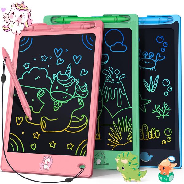 FLUESTON LCD Writing Tablet for Kids,Drawing Tablet for Boys Girls 3 4 5 6 7 8 Year,8.8 Inch 3pcs in 1 Pack Drawing Pad Toy Easter Birthday Gifts for Toddler,Doodle Board Cute Dinosaur Unicorn