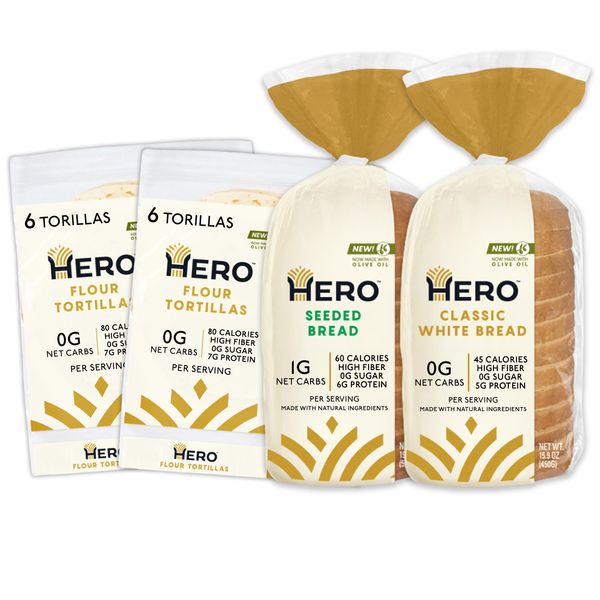 Hero Triple Threat Bundle — 1g Net Carb Seeded Sandwich Bread, 0g Net Carb White Bread, 0g Net Carb Flour Tortilla | 0g Sugar, High Fiber & <100 Calories per serving | Net Low Carb & Keto-Friendly