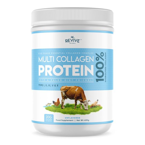 Revive Naturals Multi Collagen Hydrolyzed Protein Powder (16oz) - Types I, II, III, V & X - Grass Fed Bovine, Wild Caught Marine, Free Roaming Chicken & Eggshell Collagen Peptides,