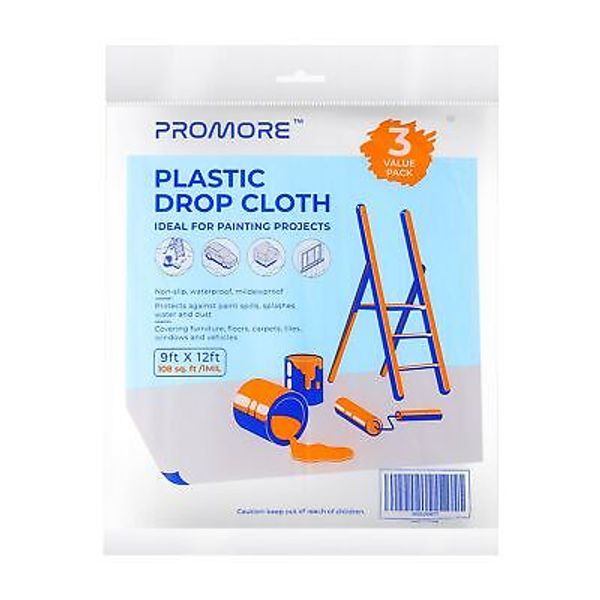 PROMORE 3Pack 9x12 Ft 1-Mil Clear Plastic Drop Cloth - Thickened Painter's Sh...