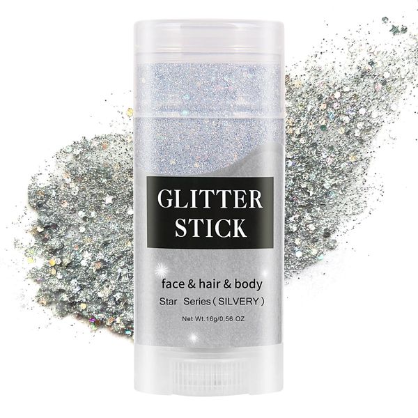 MEICOLY Silver Body Glitter Stick,Waterproof Halloween Face Glitter Gel,Chunky Glitter Face Paint,Mermaid Sequin Hair Glitter Makeup,Sparkle Body Glitter for Women and Kid,Festival Accessories Glitter