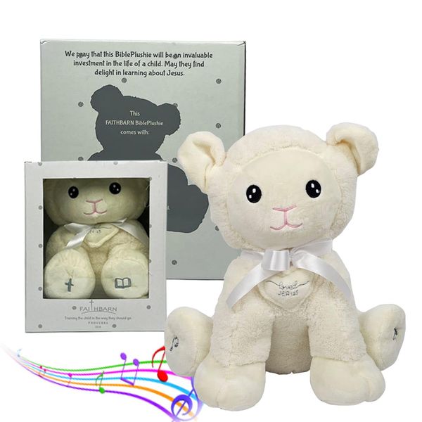 FAITHBARN Christian Toy Plush Lamb – Baptism Gift, Christening, Bible Learning Toy, Musical Stuffed Animal for Toddlers w/Bible Stories, Hymns, Lullabies – Christian Baby Gifts w/Noahs Ark and More