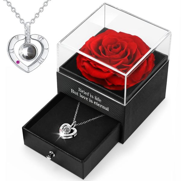 Preserved Real Rose, Gift Box with I Love You Necklace, Handmade Eternal Rose Gifts for Her Women Girlfriend Wife Mother Present for Birthday, Valentine's Day, Anniversary, Mother's Day, Christmas