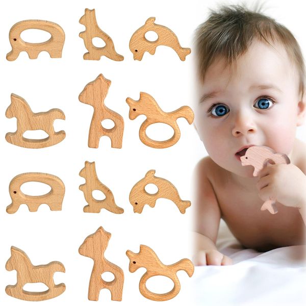 JUAWTYUK 12-Pack Natural Wooden Teether Toys for Baby | Sensory Wooden Chew Teething Toys for Babies - Deer, Elephant, Seahorse, Dolphin, Kangaroo, Rocking Horse - Relief for Teething Toddlers