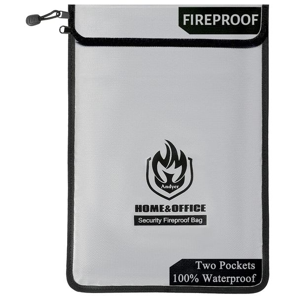 Upgraded Two Pockets Fireproof Document Bag (2000℉), andyer 15”x 11”Waterproof Fireproof Money Bag for Cash with Zipper, Important Document Storage Organizer for Valuables, Legal Documents Safe