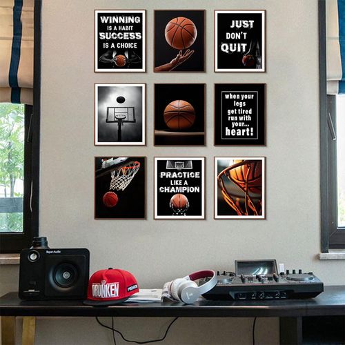 JBZZD 9Pcs Basketball Canvas Wall Art Inspirational Sport Theme Painting Picture Wall Decor Black White Motivational Quotes Poster Print Artwork for Teen Boys Kids Room Decor Unframed 8x10in