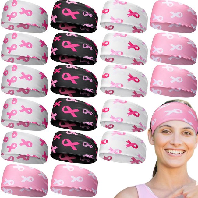 Toulite 24 Pieces Breast Cancer Awareness Headbands Bulk Pink Ribbon Hair Bands Elastic Wide Cancer Survivor Sweatband for Women Girls Workout Sport Yoga Running Hair Accessories (Style C)