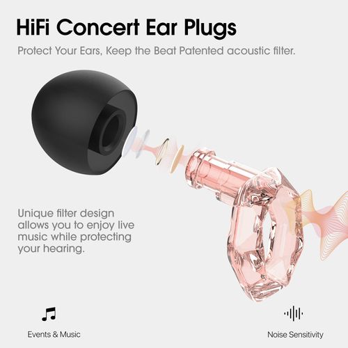 Concert Ear Plugs for Hearing Protection, High Fidelity Noise Reduction Earplugs for Tinnitus Relief Ear Protection Ear Plugs for Concerts Loud Music, Musicians, Motorcycles, Raves (Clear+Trans Ruby)