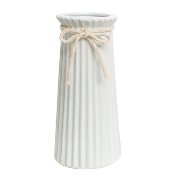 White Ceramic Ribbed Vases for Minimalist Modern Home Decor, Decorative Flowers Vase for Wedding Dinner Table Office Bedroom - 9.5 Inch / 25 CM