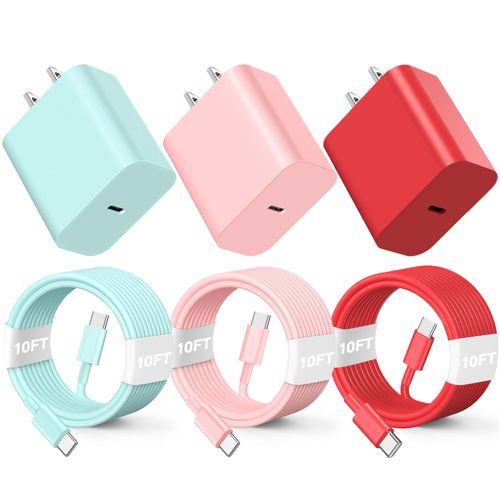 Compatible with Phone 16 15 Charger Fast Charging 10ft, 60W Fast Type C to C Charger Cord Long,15/16 Plus,15/16 Pro Max, for MaccBoook Pro/Air, for Pad Air 4/5/Minii 6/Pro 12.9/11,Pink/Green/Red