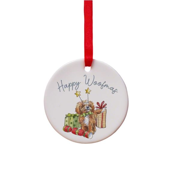 Image Industry Cavapoo Red & White Ceramic Circle Decoration Festive - Dog Gift- Hanging Decoration - Tree Decoration
