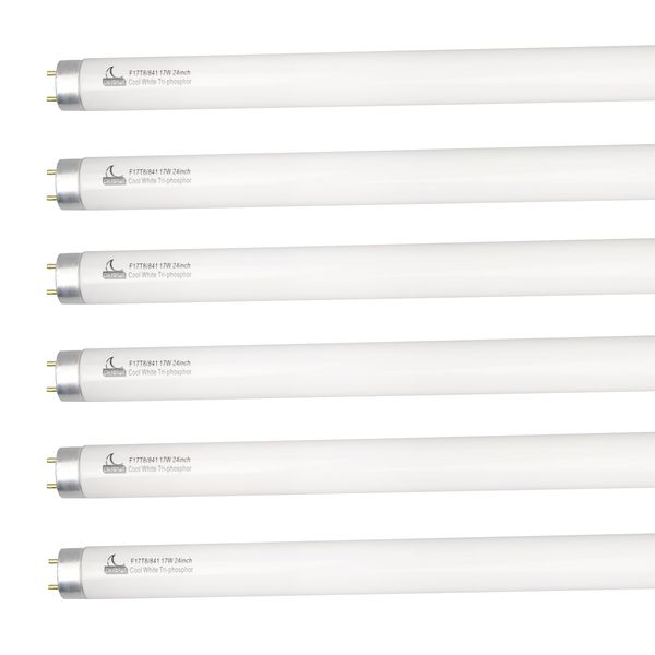 CHKADAWA 24 Inch Fluorescent Light Bulb F17T8/841 17 Watts, 2 Ft T8 17W Cool White 4100K Straight Linear Fluorescent Tube, G13 Medium Bi-Pin Base, 6 Pack