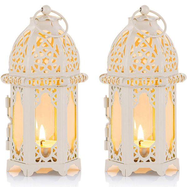 Nuptio 2 Pcs Moroccan Style Candle Lantern - Small Sized Tealight Candle Holder with Transparent Glass Panels, Tea Light Holders for Patio Indoors Outdoors Events Christmas Parties Weddings, White