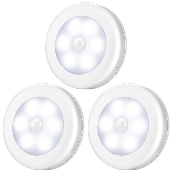 AMIR Motion Sensor Light, 3 Pack Stick-On Cabinet Night Light, Battery Powered Stair Lights with Adhesive Pads, Under Cabinet Lights for Wardrobe, Cupboard, Closet, Hallway, Kitchen, Stairs, White