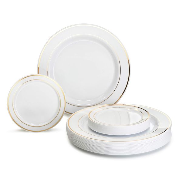 " OCCASIONS" 50 Plates Pack, Heavyweight Premium Disposable Plastic Plates Set (25 x 10.5'' Dinner + 25 x 6.25'' Cake plates) (White & Gold Rim)