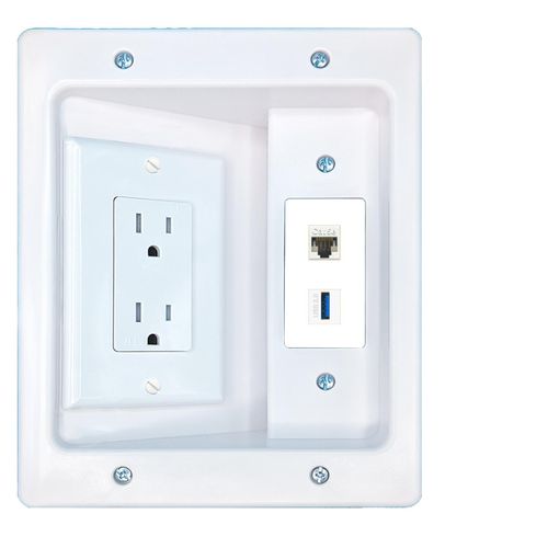 RiteAV CAT5E USB-3 Recessed Wall Plate Cable Concealer Management Kit with Power Outlet Hides Cords and Cables