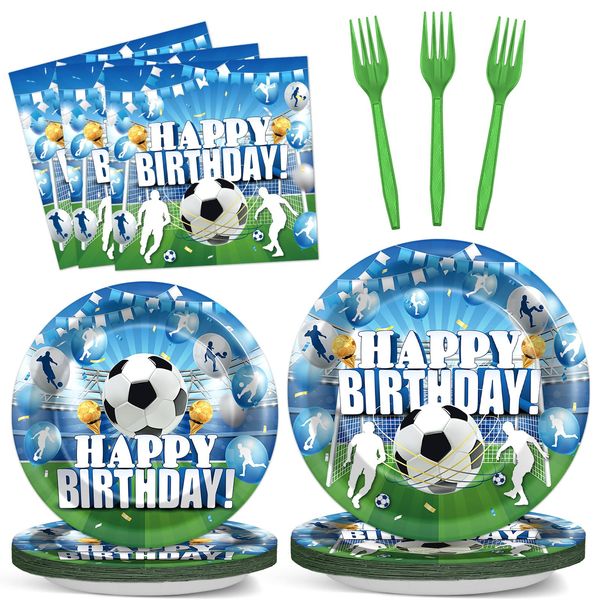 Justforjoyful 96Pcs Soccer Birthday Party Plates and Napkins Blue Soccer Birthday Party Supplies Sport Party Tableware Dinnerware Set Soccer Paper Dinner Dessert Plates Party Decoration Serve 24