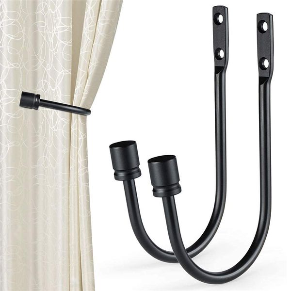 Tiardey 2 Pcs Curtain Hold backs, Metal U Shaped Hook Wall Mounted Tieback Hook Drapery Accessories Decorative Curtain Drapery Holdback(Black)