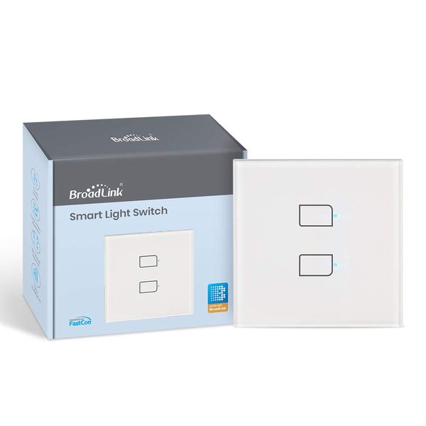 BroadLink - Smart Touch Wall Switch EU-Version, 2-Fach-Ein-Draht-Schalter, kein Neutralleiter oder Kondensator erforderlich, funktioniert mit Alexa und Google Home, Hub erforderlich