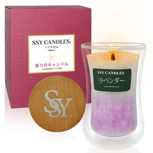 Aroma Candles Scented Candles Lavender Scented Vegetable Wax Candles Wood Wick Bonfire Candle Glass Jar Jar Candle Gift (purple-white)